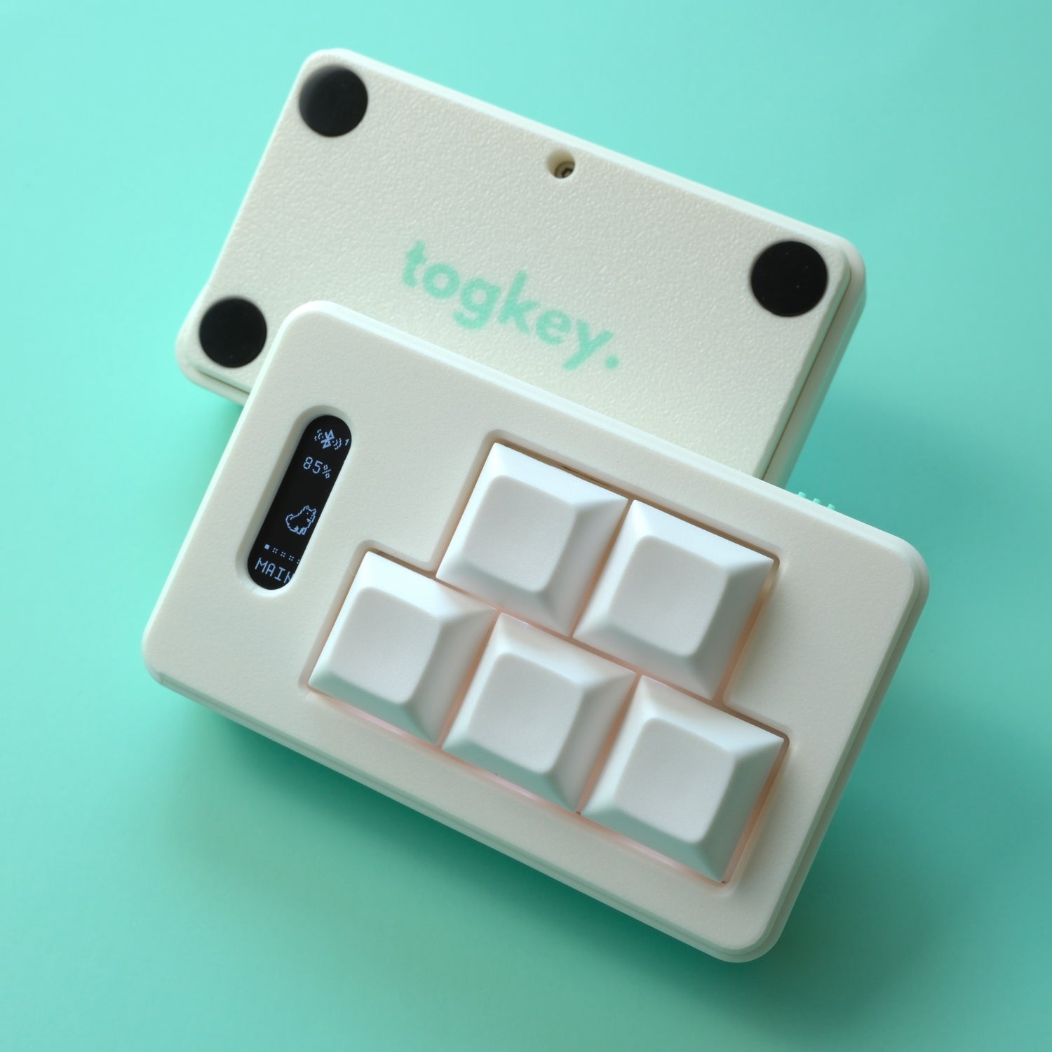 White TogKey Pad Wireless V2 programmable Bluetooth macropad with five programmable keys and OLED display
